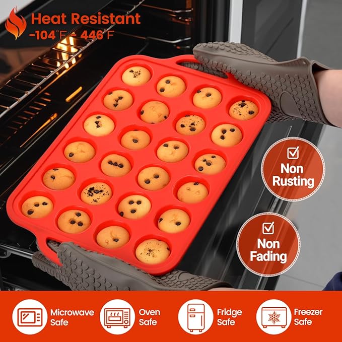 CAKETIME Silicone Mini Muffin Pan, Metal Reinforced Frame 24 Cups Mini Muffin Tin with Handles BPA Free Muffin Silicone Molds for Baking Muffins, Cupcakes, Egg Bites 2 Pack, Red