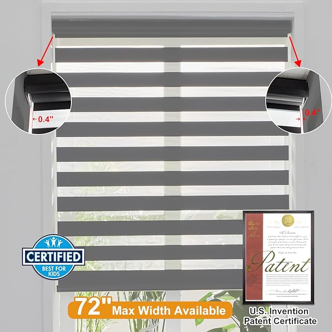 Persilux Cordless Zebra Blinds for Windows Free-Stop Roller Windows Shades (34" W X 47" H, Black) Dual Layer Light Control for Day and Night, Light Filtering Sheer Shades for Home, Easy to Install