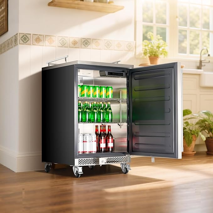 VEVOR Beer Kegerator, Triple Tap Commercial Draft Beer Dispenser for D system, Full Size Keg Refrigerator with 5lbs CO2 Tank, Hold 3 Sixth/2 Slim/3 Ball lock keg (3 taps - D system - stainless steel)