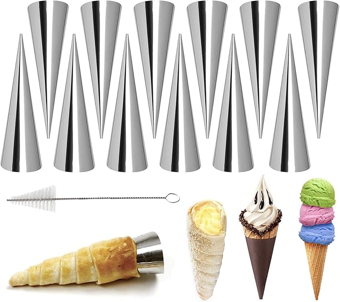 Joyeee 12 Pack Small Cream Horn Molds Stainless Steel, 3.4 Inch Mini Size Cone Shaped Cream Horn Forms with Cleaning Brush, Baking, for Christmas Party, Wedding Desserts, Festive Dinners