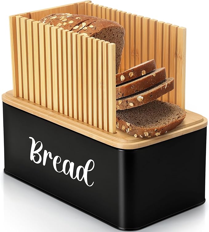 Bread Box with Bread Slicer Storage Container for Kitchen Countertop Food Storage with Multifunction Bamboo Lid, 3 in 1 Breadbox Removable Cut Board for Loaf Slicing (Black,Wood, Metal,Bamboo)