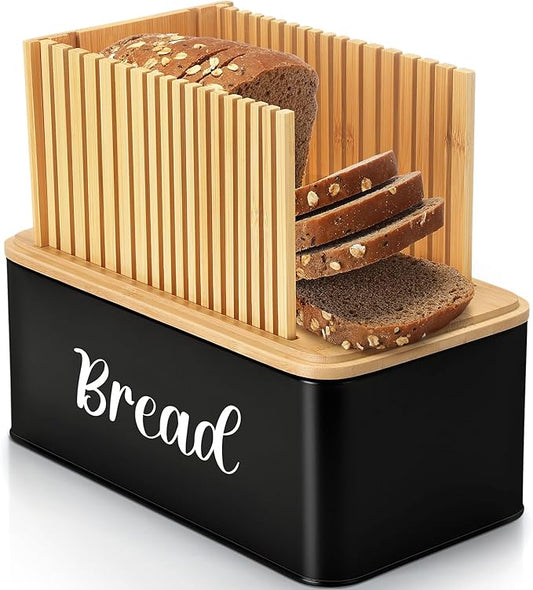 Bread Box with Bread Slicer Storage Container for Kitchen Countertop Food Storage with Multifunction Bamboo Lid, 3 in 1 Breadbox Removable Cut Board for Loaf Slicing (Black,Wood, Metal,Bamboo)