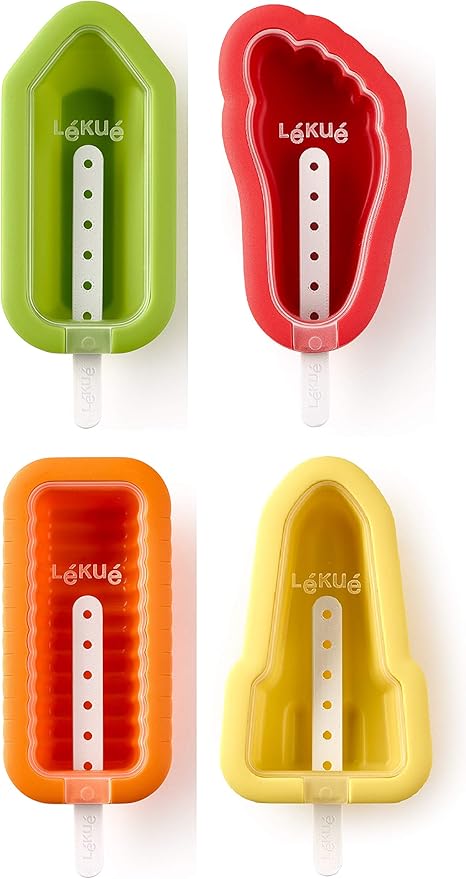 Lékué Set of 4 Iconic Popsicle & Ice Cream Molds + Sticks & Lids | Fun Shape Homemade Freezer Ice Pops | Flexible Platinum Silicone for Easy Fill & Unmold | Reusable & Dishwasher Safe| Multicolor