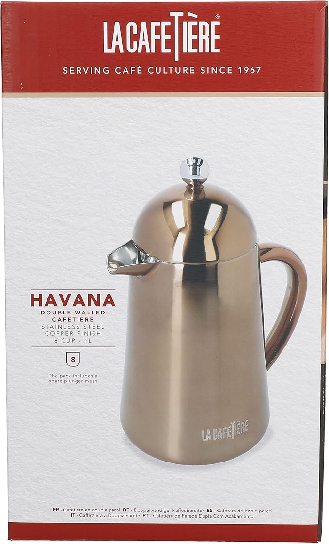 La Cafetière Havana Copper Stainless Steel Double Walled Cafetière, Eight Cup, Gift Boxed