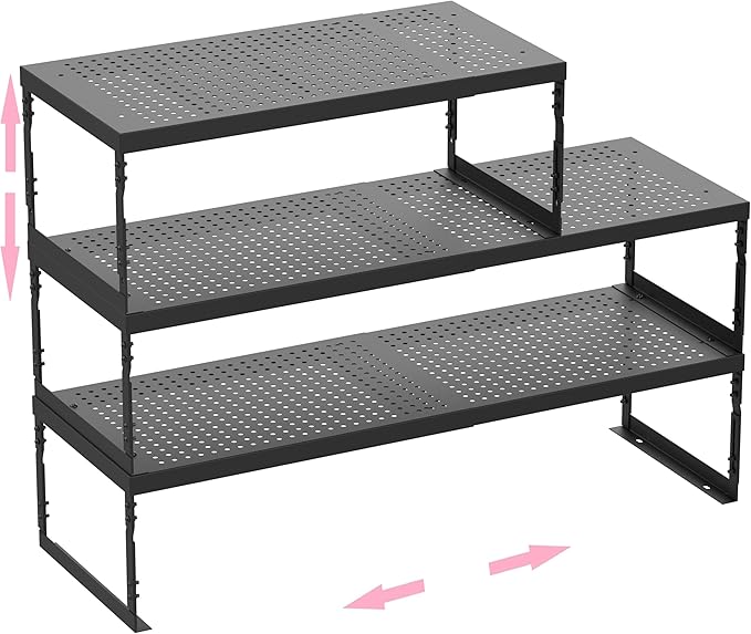 Stackable Expandable Metal Shelf Organizer - Adjustable Wire Storage Rack with Holes for Kitchen, Bathroom, Cabinet, Office - Space Saving, Durable & Sturdy Design（3PACKS/Large/Black