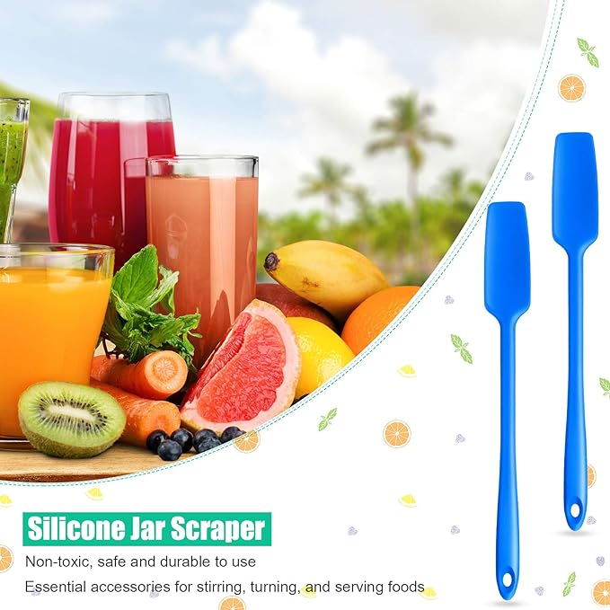2 Pieces Long Handle Silicone Jar Spatula Kitchen Scraper Spatula Non-Stick Rubber Silicone Scraper for Jars, Smoothies, Blenders Cooking Baking Stirring Mixing (Blue)