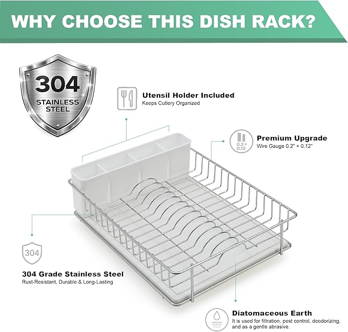 SunnyPoint 304 Stainless Steel Dish Drying Rack with Diatomaceous Earth Drainboard & Removable Utensil Caddy – Rust Resistant Countertop Dish Rack for Kitchen (Silvery-Grey)