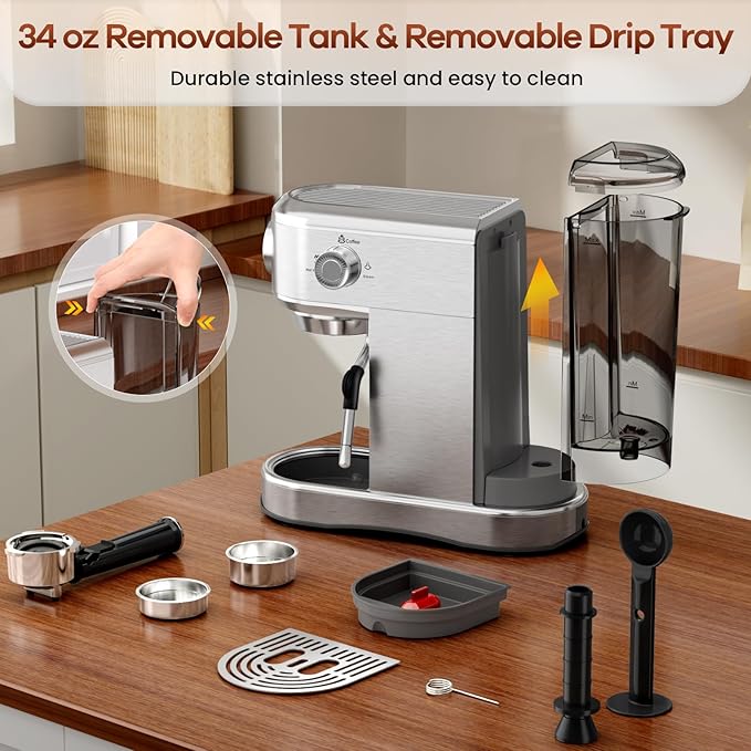 Espresso Machine with Milk Frother, 20 Bar Stainless Steel Coffee Machine, Espresso Maker with 34oz Removable Water Tank for Home, Office, Women or Men