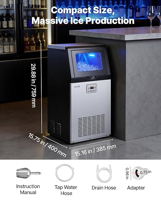 VEVOR Commercial Ice Maker Machine, 100 lbs/24h with 30 lbs Storage Capacity, Built-in/Freestanding/Under Counter, Stainless Steel Ice Maker with LED Display & Self-Cleaning, for Home Bar Restaurant