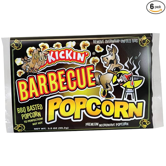 KICKIN' BBQ Microwave Popcorn Bags - 6 Pack - Ultimate Barbecue Gourmet Popcorn Gift - Makes a Great Movie Theater Popcorn or Snack Food for Movie Night