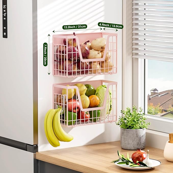 Pink Magnetic Shelf for Fridge, 2 Set Magnetic Fruit Baskets for Refrigerator Magnet Shelves, Potato and Onion Storage Bins, Magnet Holder Wire Basket for Laundry Room Pantry Kitchen Organizer