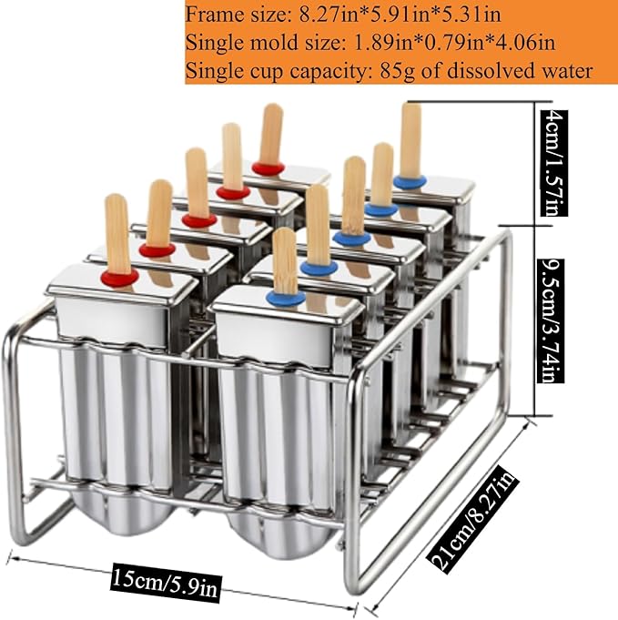 10Pcs Stainless Steel Popsicle Molds and Rack Ice Cream Popsicle Molds with 10 Square Ice Pop Makers + 100 Reusable Bamboo Sticks + 20 Bags + 1 Cleaning Brush + 1 Rack