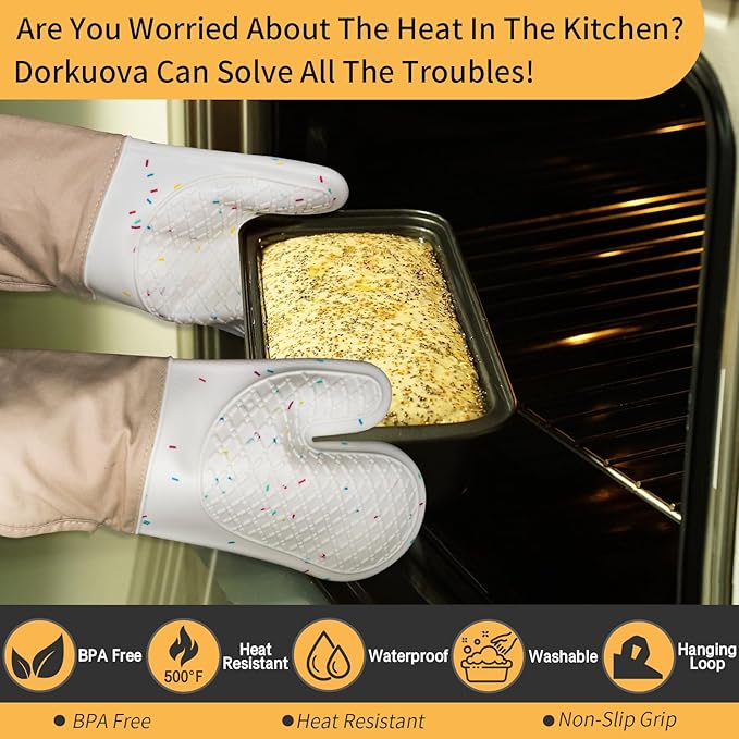 Oven Glove Cute,Cooking Mittens,Oven Mittens for Kitchen,Oven Gloves for Kitchen,Washable Silicone Oven Mitts Heat Resistant 500°F, Potholders for Kitchens Cooking Baking(Cream