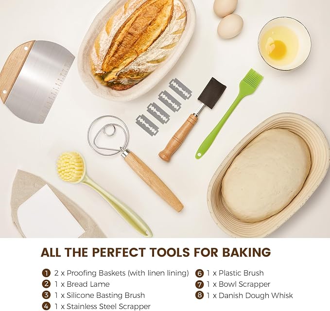 Banneton Bread Sourdough Proofing Basket - Sourdough Starter Kit Set Of 2, Sourdough Bread Baking Supplies 10" Oval Set of 2, Bread Proofing Basket with 8 Accessories