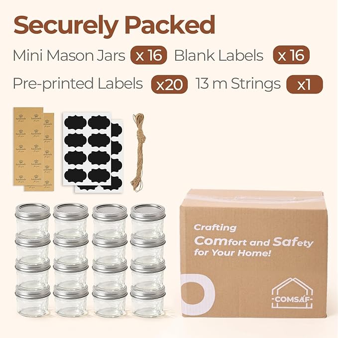 ComSaf Mini Mason Jars Bulk 4oz 16PCS, Regular Mouth Mason Jar with Lids and Seal Bands, Small Glass Canning Jar for Spice, Jam, Honey, Jelly, Dessert, Shower Wedding Favors, DIY Candles Decor