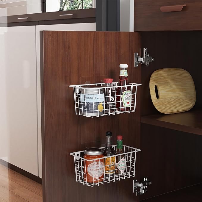 MaraFansie Hanging Kitchen Baskets Wire Storage Basket Adhesive and Screws Basket Over the Cabinet Door Organizer with Adhesive Strips and Screws Accessories, 4 Pack, White