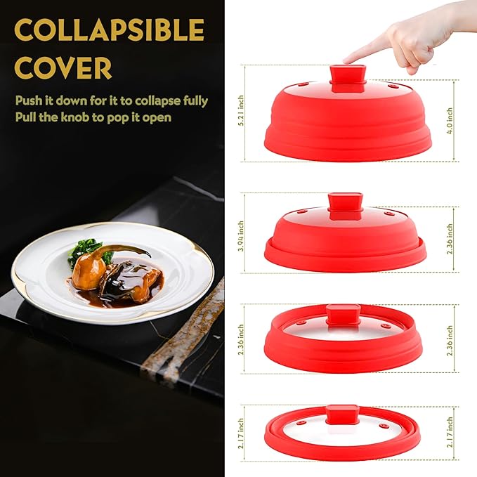 Collapsible Microwave Splatter Cover, Glass Silicone Foldable Microwave Lid for Food, 10.8 Inch Grease Splatter Guard for Pots, Pans & Bowls, Red