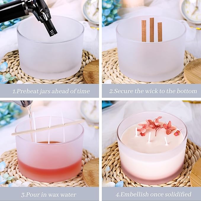 CONNOO 24oz Frosted Glass Candle Jars 6 Pack, Multi-Wick Wide Mouth Empty Bulk Candle Containers for Making Candles with Airtight Bamboo Lids, Sticky Warning Labels, Wick kit- Dishwasher Safe