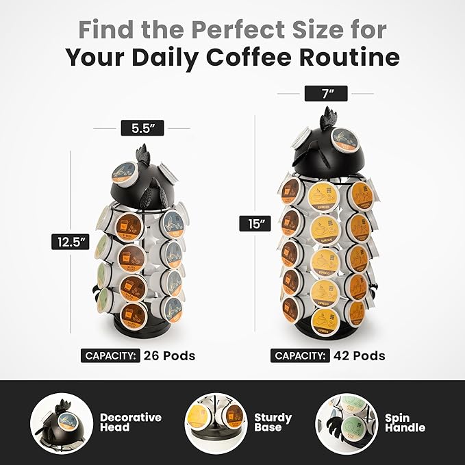 Made Easy Kit Carousel Coffee Pod Holder - Compatible with Keurig K-Pods K-Cups - Countertop 360 Spin Rack Storage Organizer - Revolving Base - Capsule Café Station Bar (Rooster Black, Large)
