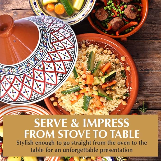 Kamsah Tagine Pot for Cooking and Flavor Enrichment - Large Clay Pot 12”, 5.5 QT - Non-Stick Handmade Cookware - Moroccan Ceramic Pots for Cooking with Lid & Serving Bowl - Bohemian Supreme Red