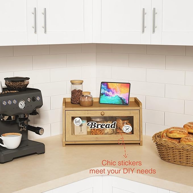 Goozii Wood Bread Box for Kithcen Countertop, Rustic Breadox Storage Container for Homemade Bread, Small Compact Bread Keeper Holder Organizer with Window (Natural Bamboo)