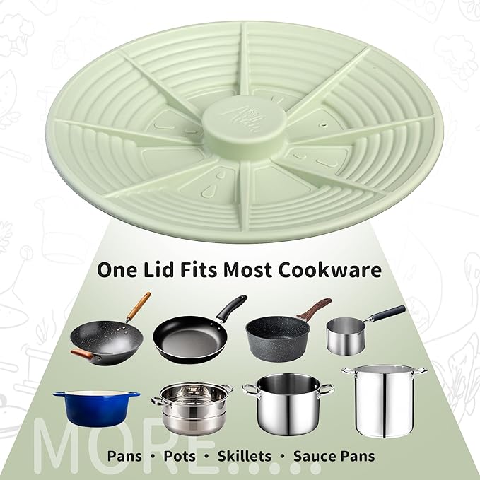 Universal Silicone Pot Lid for Pots and Pans, Food-Grade Silicone, BPA Free, Splatter Guard, Spill-Proof, Heat Resistant, Large 7–12 Inch for Frying Pans, Woks & Cookware – Green