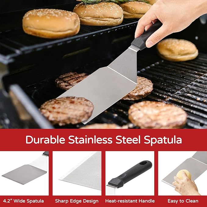 7 Inch Cast Iron Burger Press Set with Stainless Steel Spatula, Seasoning Shaker & Patty Papers - Heavy-Duty Smash Burger Maker for Griddle, BBQ & Camping
