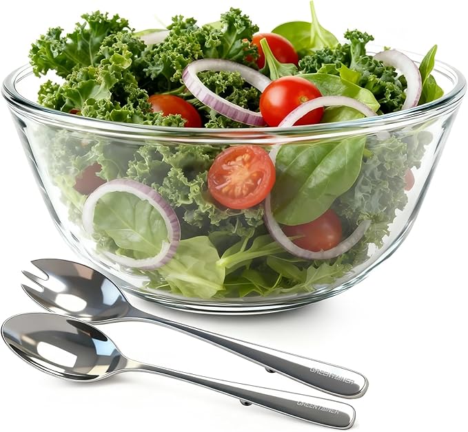 Greentainer Large Glass Salad Bowl with Stainless Steel Fork and Spoon, 144OZ Salad Serving Bowl for Kitchen, 4.5QT Glass Mixing Bowl for Cooking, Baking, Prepping, Dishwasher & Microwave Safe