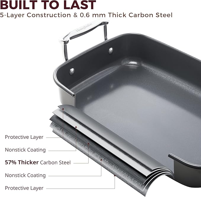 HONGBAKE Roasting Pan with Rack, 17.6×11 Inch Nonstick Roaster Pan for 17 lb Turkey, Chicken and Lasagna, Deep Turkey Pan for Oven, Heavy Duty Oven Roaster Tray, Wider Handles, Gray