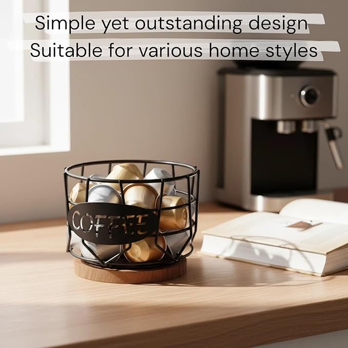 Coffee Pods Holder for Countertop, K Cup Holder Organizer, Sturdy Kcup Storage Basket with Wooden Base,Pod Capsule Container for Kitchen Bar Counter Office Desktop
