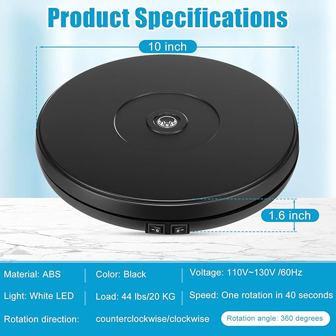 Tuanse 10 Inch Electric Motorized Rotating Turntable Cup Display Stand with LED, 44 lb Centric Loading for Table, 360 Degree Product Display Stand for Shop Jewelry Photography Video(Black)