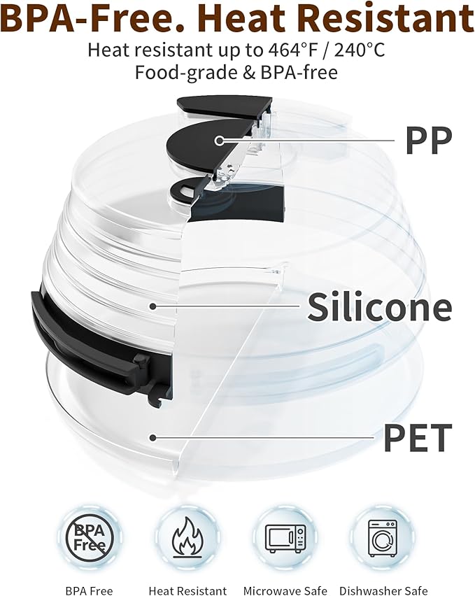 10 inch Microwave Splatter Cover for Food with Water Steamer, Collapsible Plastic & Silicone Microwave Plate Cover with Handle and Anti-Scald Base Plate, Kitchen Cooking Guard, Black