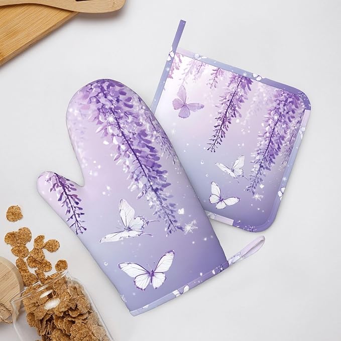 Oven Mitts and Pot Holders Lavender Butterfly Light Purple Flower Silicone Kitchen Accessories Set of 4 Heat Resistant Long Gloves Potholder Non-Slip Grip for Chef Cooking Baking Grilling BBQ