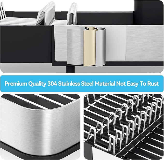Urackify Dish Drying Rack, 304 Stainless Steel Dish Drainer with Removable Utensil Holder & Drain Board, Rustproof Space-Saving Dish Rack for Kitchen Countertop, Black