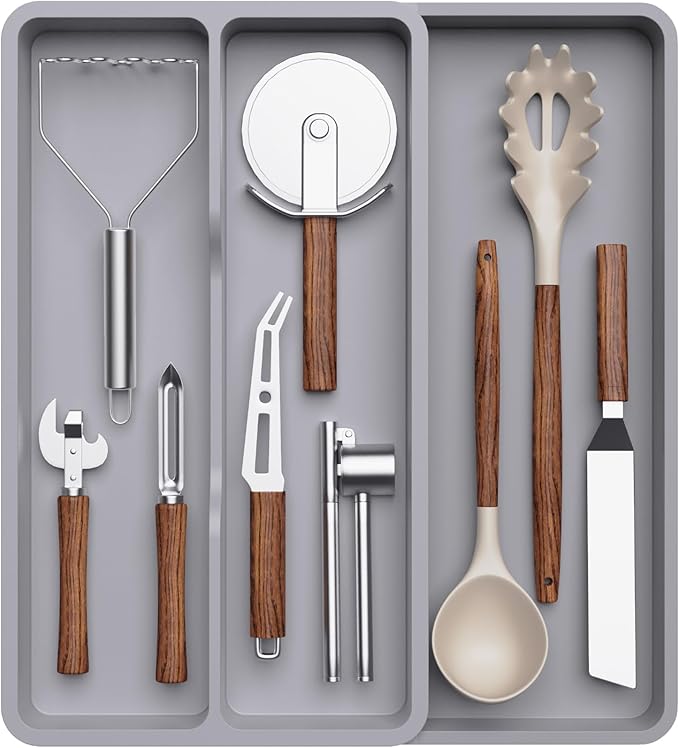 Lifewit Utensil Organizer for Kitchen Drawer, Expandable Cooking Silverware Tray, Adjustable Cutlery Flatware Holder, Plastic Spatula Tools Storage Divider, 14.4 x 15.8", Gray