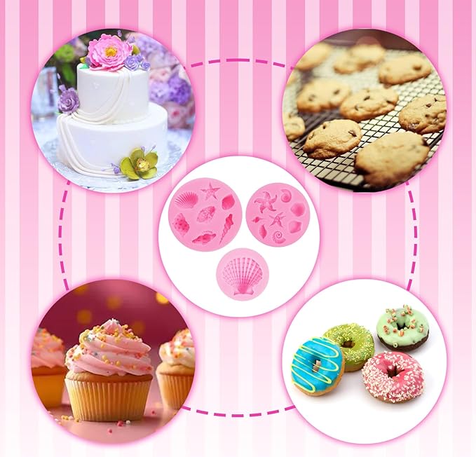 3Pcs Ocean Theme Cake Decorations Kit, Fondant Silicone Molds Set for Seashell, Starfish, Conch, Coral - For Candy, Chocolate, Clay, Resin Crafts