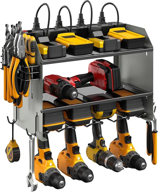 CCCEI Modular Power Tool Organizer Wall Mount with Charging Station. Garage Drill Storage Shelf with Hooks, Heavy Duty Rack, Tool Battery Holder Built in 8 Outlet. Gift for Men. Grey, 1 Pack.