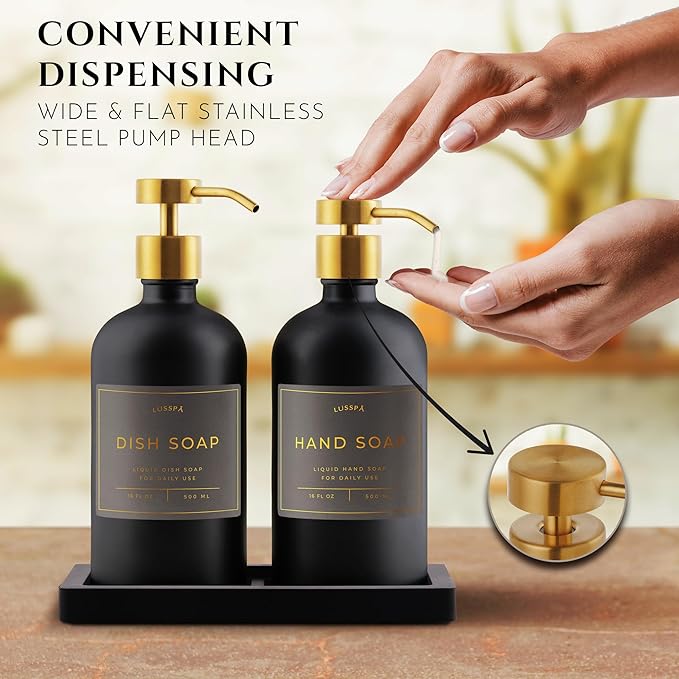 Glass Soap Dispenser Set of 2 (Black) with Silicone Tray | Hand and Dish Soap Dispenser for Kitchen and Bathroom | 16.8 Oz Glass Bottles with Stainless Steel Pump & 15 Waterproof Labels (Black/Gold)