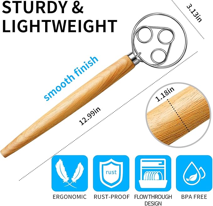 TEEVEA Danish Dough Whisk for Sourdough Bread, Pizza & Pastry - Wooden Handle with Stainless Steel Hook