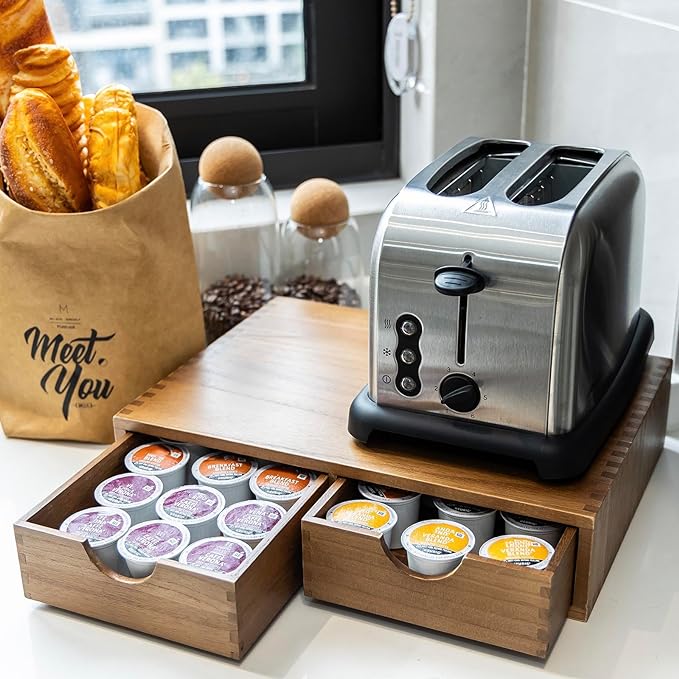 Wooden K Cup Organizer Coffee Pod Storage Box, Coffee Pods and Tea Organizer Holder, K Pod Drawer Coffee Maker Machine Stand, Organizador De Cafe, Kcup Drawer Organizer Under Brewer, 30 Pod Capacity