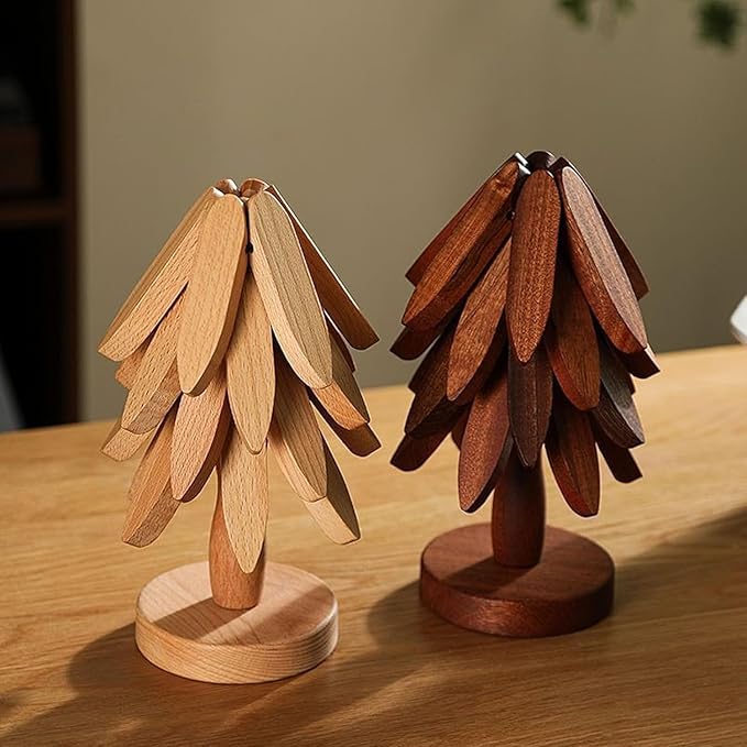 Natural Wood Tree Trivet Set, 𝐍atural Tree Trivet Set - 4 Wooden Trivets,4 Wooden 𝐓rivets & 1 Stand Like a Christmas Trees,for Hot Dish,Pot,Bowl,Teapot,Hot Pot Sets (Walnut Finish 4 Trivets,1set)