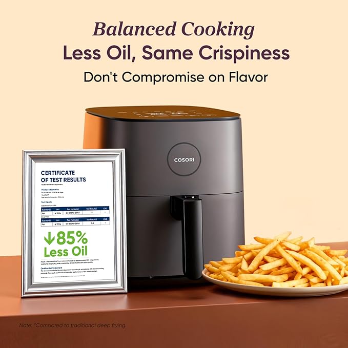 Cosori Air Fryer Pro, Compact 5QT, Ceramic Coating, 7 Presets with Preheat & Keep Warm, 450℉, Easy to use & clean, Shake Reminder, 130+ In-App Recipes, Nonstick & Dishwasher-Safe Basket, Gray