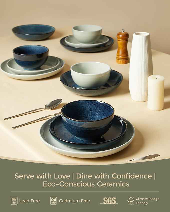 24 Piece Dinnerware Set for 8, Santorini Mist Terracotta Plates and Bowls Sets, Complete Stoneware Dish Set for Large Families and Entertaining, Microwave & Dishwasher Safe, Slate Green