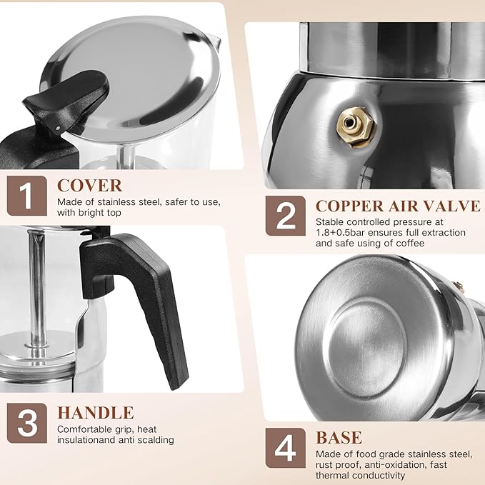 Moka Pot Stovetop Espresso Maker, Crystal Glass-Top & 304 Stainless Steel Italian Coffee Brewer, 300ml 6-Cup Espresso Pot for Home & Camping, Silver