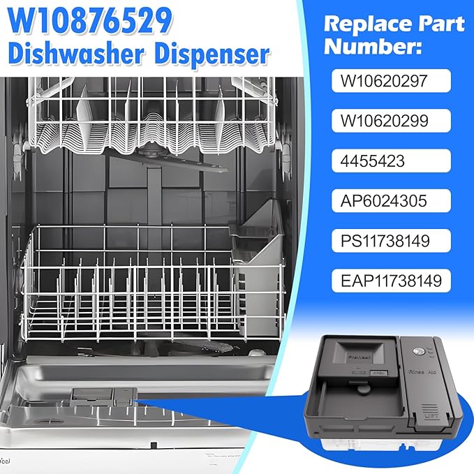 Upgraded W10876529 Dishwasher Detergent Dispenser Compatible with Whirlpool Kenmore Jenn-Air Dishwasher Soap Dispenser Replacement Parts W10620297 W10620299 AP6024305 PS11738149 Rinse Aid Dispenser