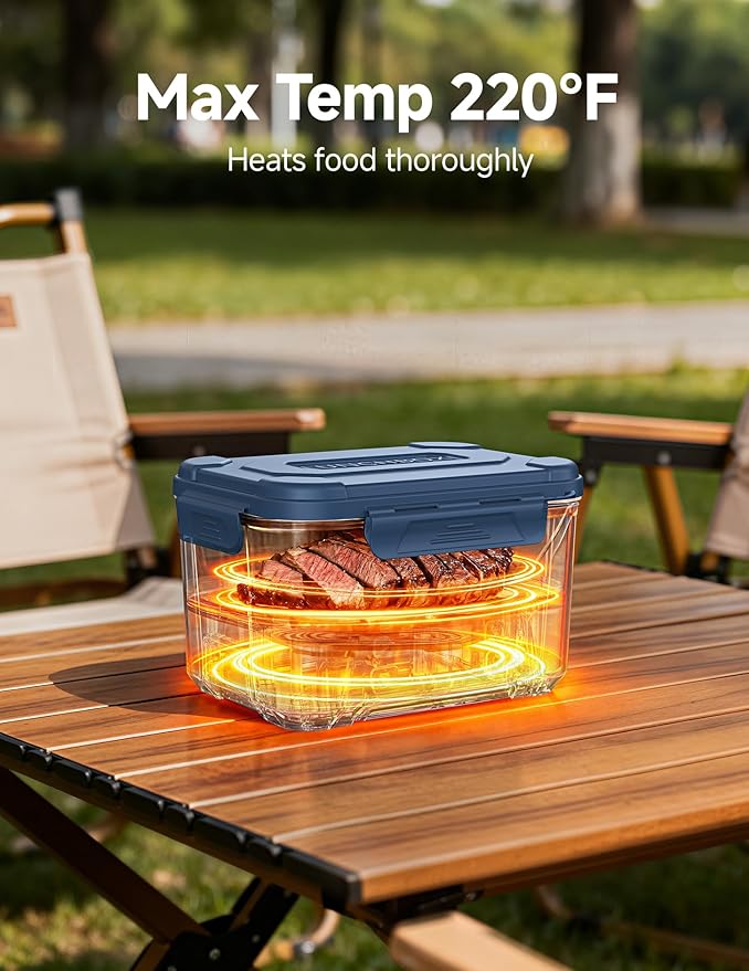 EAST OAK Heated Lunch Box for Men, Electric Lunch Box for Adults, 5.5 Cups Cordless Portable Food Warmer, Rechargeable Self Heating Food Heater with Memory Function, Automatic Keep Warm(Navy Blue)