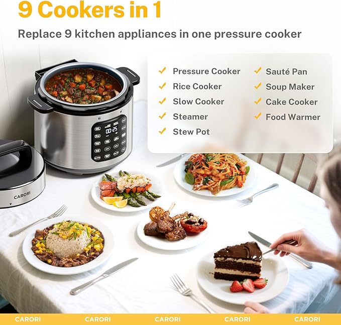 CARORI 9-in-1 Electric Pressure Cooker, 1000W Instant Multi-Cooker with IMD Touchscreen, Olla de Presion, Non-Stick Pot, Rice Cook, Slow Cook, Steamer, Sauté, Warmer, Safe Venting, Silver 8 Qt