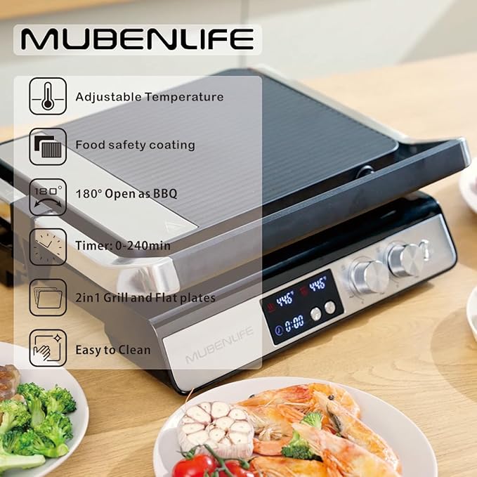 Panini Press,4 Slices Contact Grill with Removable Non-Stick Coated Grill and Flat Plates,Panini Makers with Temperature Control and Timer,Open 180 Degrees,Grill and Griddle (Half black with digital)