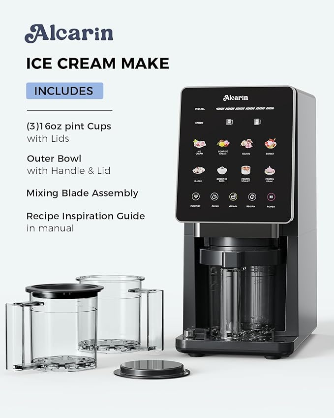 Alcarin Ice Cream Maker with 3 Pints(Not Freezer) Homemade Slushie Gelato Yogurt Sorbet Frozen Treat Machine 10 Pre-set Program Respin & Mix-in