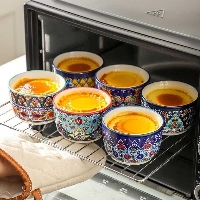 Glowworm 8 Oz Ramekins Set of 6, Ceramic Creme Brulee Ramekins, Colorful Souffle Dishes for Snacks, Ice Cream, Pudding Custard Cups for Baking, Oven & Dishwasher Safe, Bohemian